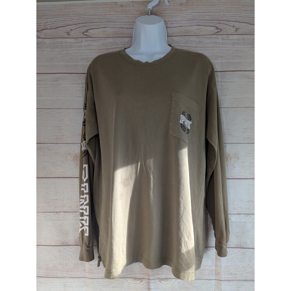 Victoria's Secret PINK Campus Logo Long Sleeve Tee Pocket Relaxed S Green